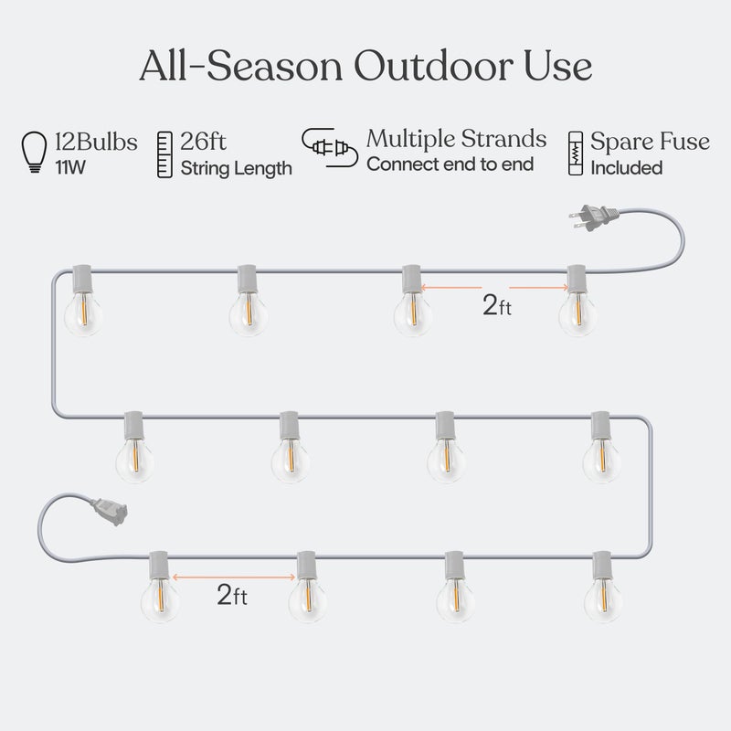 Brightech Ambience Pro LED String Lights - 26 Ft Commercial Grade Patio Lights Outdoor Waterproof - 12 Globe Porch String Lights for Outside, Backyard - 1W Vintage Edison Bulbs, Shine Bright, White - Image 5